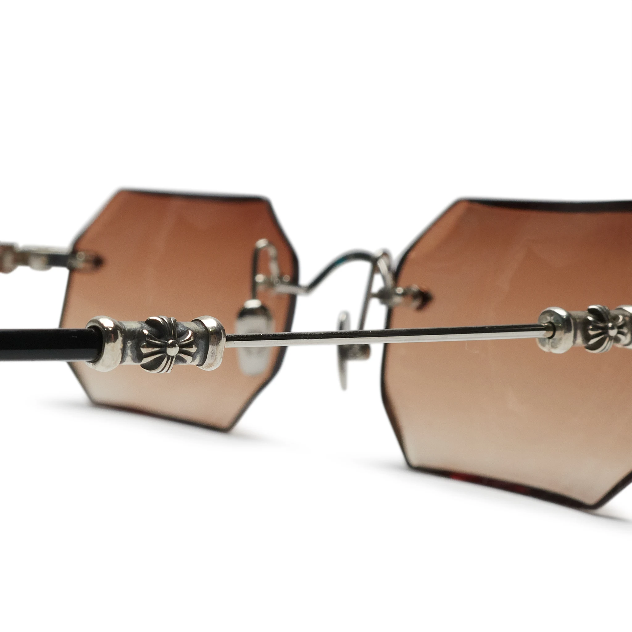 Inside view of Front view of Chrome Hearts Pills III Custom Silver Brown Diamond Cut Sunglasses